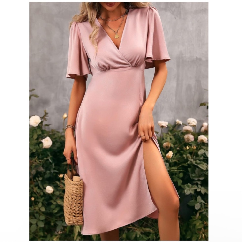 Women's Ruffle Bell Sleeve Split Thigh Faux Wrap Dusty Pink Dress Sz Medium